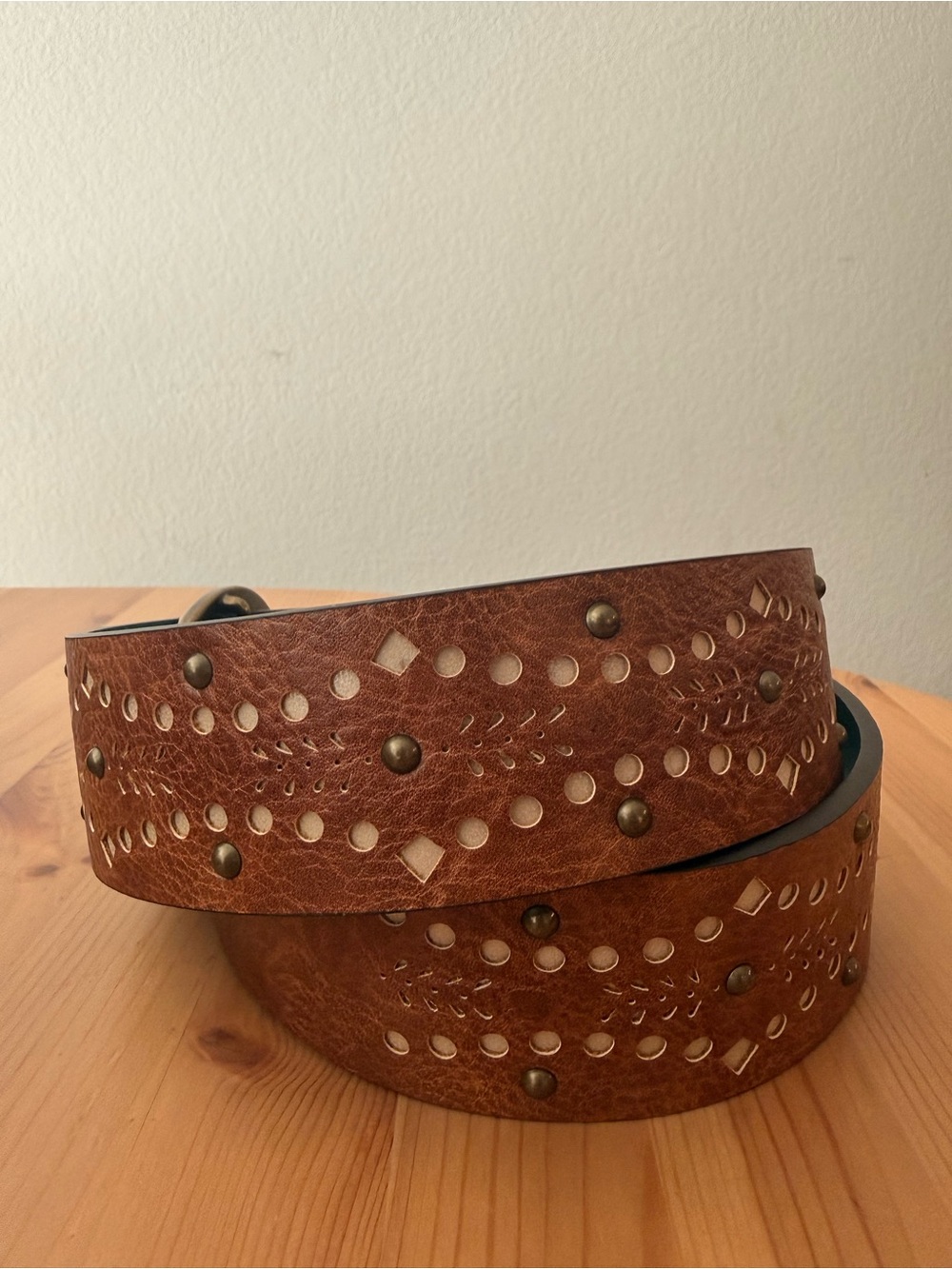 Catchfly Studio Women's L Brown Studded Cutout Leather-Style Belt